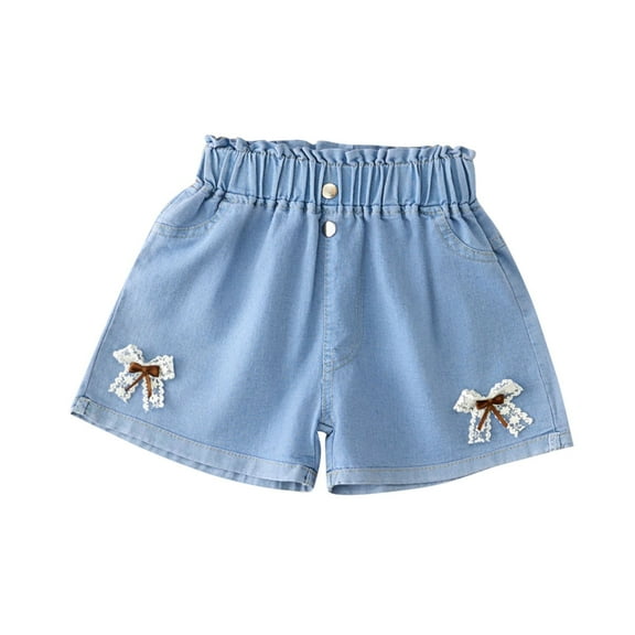 Kids Summer Jean Shorts Girls Elastic Waistband Bow Toddler Jeans Cute Stretchy Denim Pants Blue,8 Years