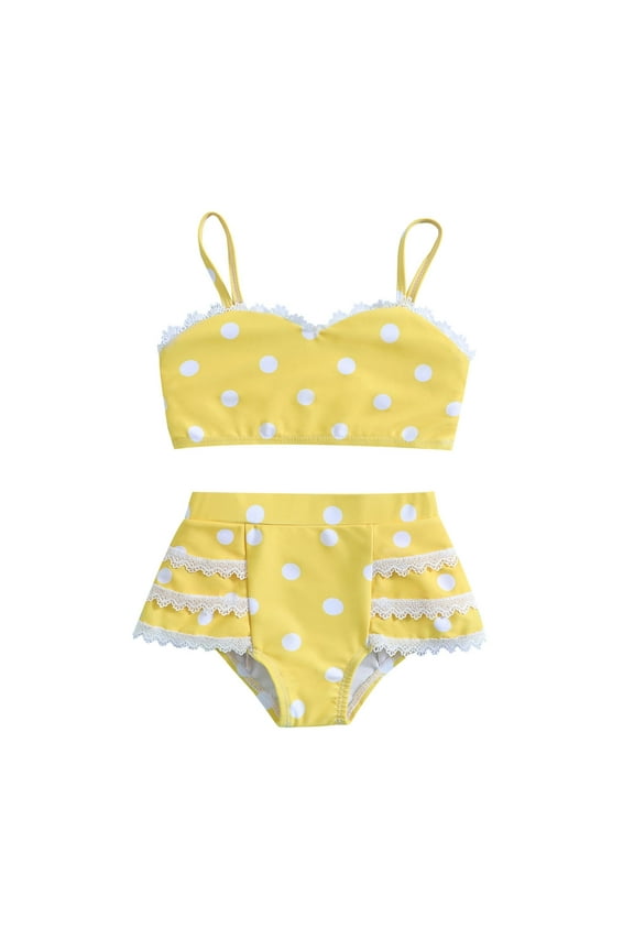 Kids Summer Lace Dot Ruffle Swimsuit Set, Two-Piece, Size 100