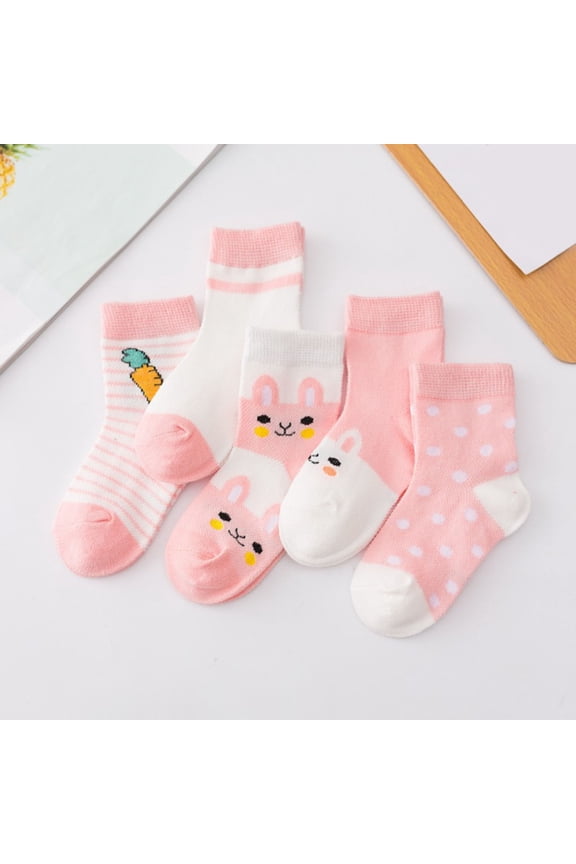 Kids' Summer Mesh Crew Socks - 5-Pack Pink Cartoon Bunny Socks for Boys & Girls (0-8 Years)