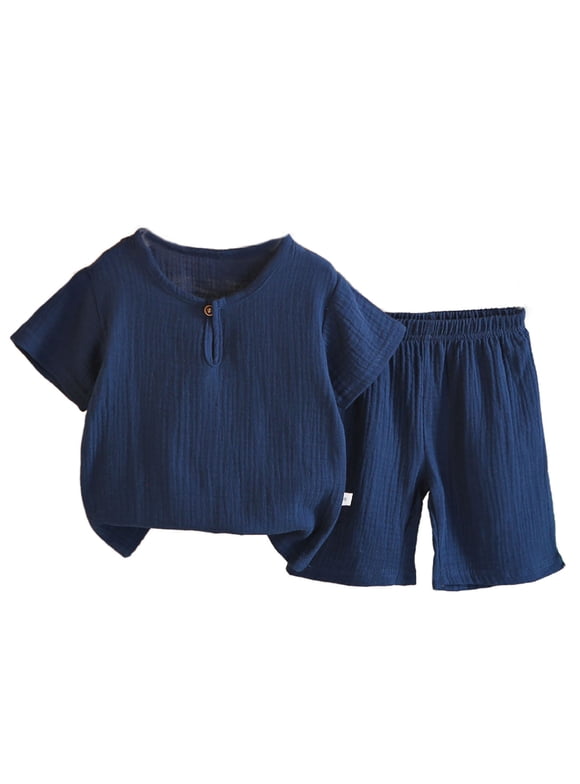 Kids Summer Outfit | Navy Cotton Linen 2 Piece Set, Boys Girls Play Clothes with Elastic Waist Shorts & Top for Kids 1-6 Years,Size 0-1T