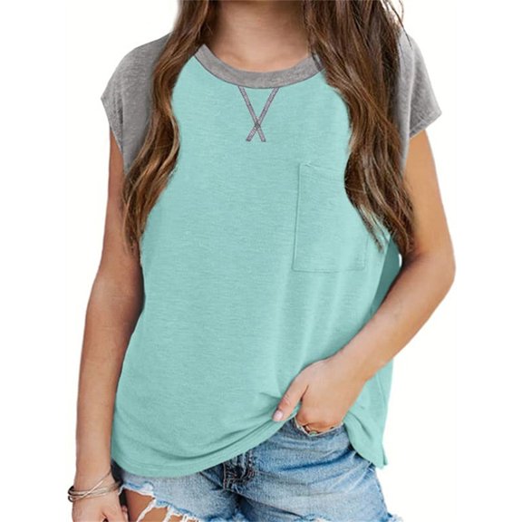 Kids Summer Short Sleeve Girls Raglan Patchowork T-Shirt With Pocket