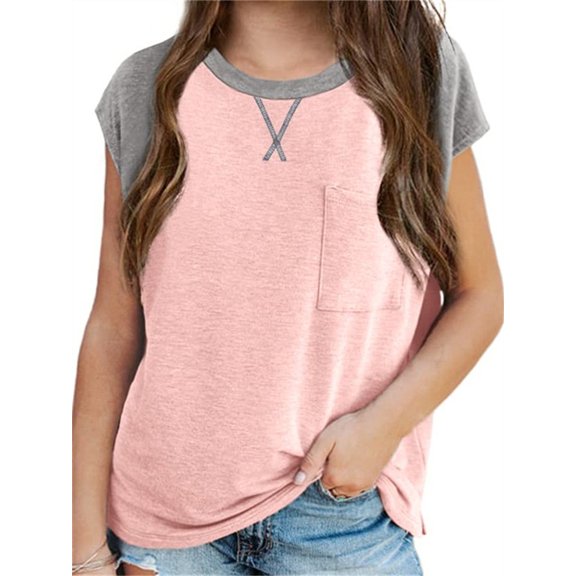 Kids Summer Short Sleeve Girls Raglan Patchowork T-Shirt With Pocket