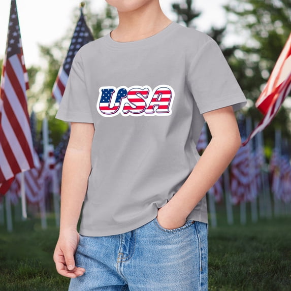 Kids Summer Short Sleeve Independence Day Letter Printed T Shirt Top Casual Shirt Children's Clothes Size 11-12T