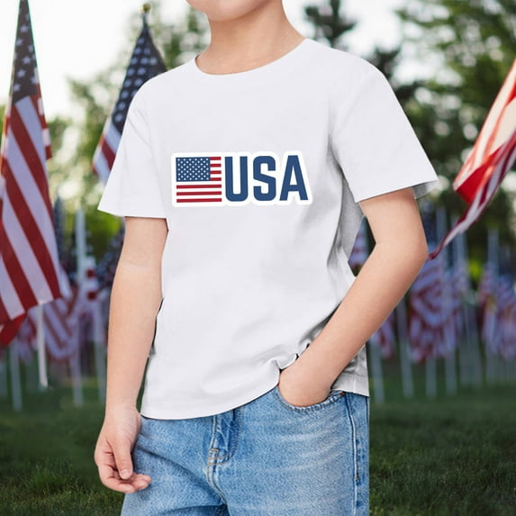 Kids Summer Short Sleeve Independence Day Letter Printed T Shirt Top Casual Shirt Children's Clothes Size 2-3T