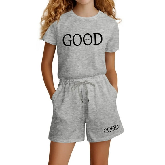 Kids Summer Sport T-Shirt and Shorts Set Letter Graphic Print Clothing Sets Tracksuit (6-7 Years Grey)