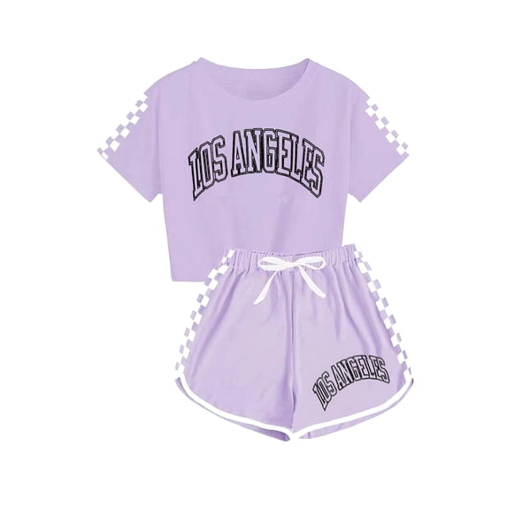 Kids Summer Sport T-Shirt and Shorts Set, Plaid Print Clothing Sets Tracksuit