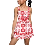 Kids Summer Square Neck Dress Girls Casual High Waist Floral Beach Vacation Ruffle Hem Aline Going Out Dress  Red, 9-10 Years