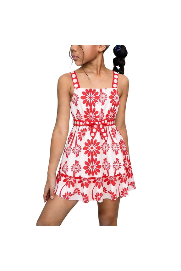 Kids Summer Square Neck Dress Girls Casual High Waist Floral Beach Vacation Ruffle Hem Aline Going Out Dress ( Red, 9-10 Years )