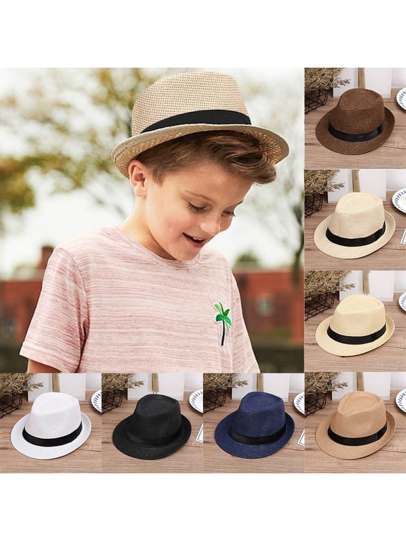 Kids Summer Straw Hat for Toddler Boys Fedora Beach Sun Hat Short Brim Breathable Cool Floppy Panama Hats