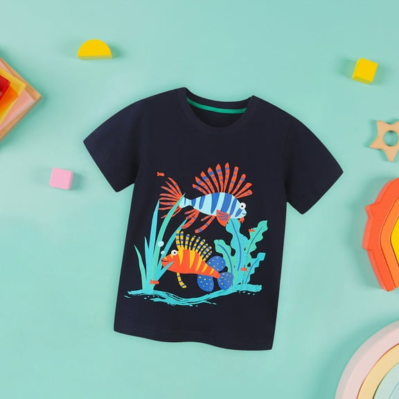 Kids Summer T Shirt Cartoon Animals Fish Graphic Print Short Sleeve Round Neck Top Casual Beach Going Out Tee Shirts Summer (6-7 Years, F)