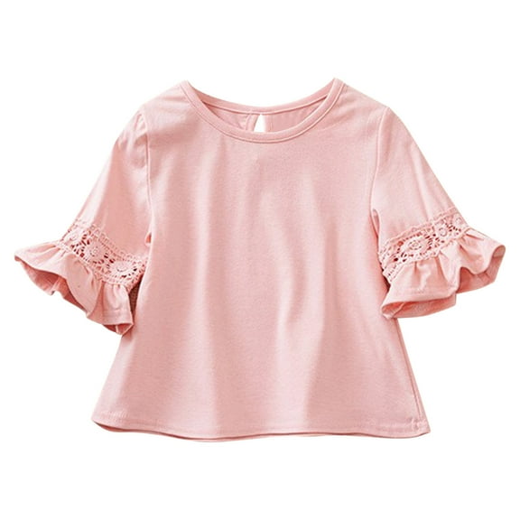 Kids Summer T-Shirts Girls Crewneck Flounce Short Sleeve Tees Ruffle Lace Tops