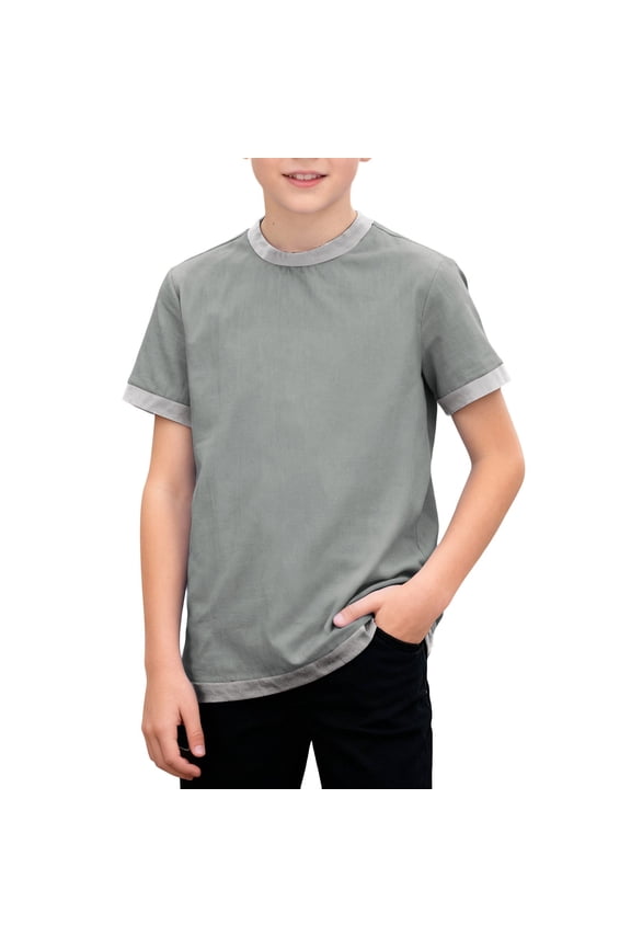 Kids Summer T-shirts Short Sleeve Ringer Tops for Boys Girls Crewneck Colorblock Loose Fit Casual Base Tees (3 Years, Gray)
