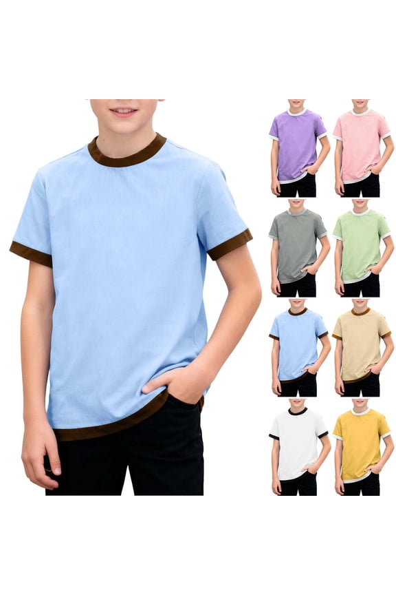 Kids Summer T-shirts Short Sleeve Ringer Tops for Boys Girls Crewneck Colorblock Loose Fit Casual Base Tees (4 Years, Blue)