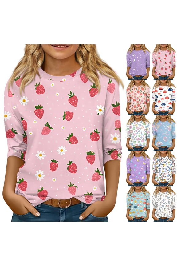 Kids Summer Tops Sweet Strawberry Daisy Print 3/4 Sleeve Crew Neck Casual Teen Girls Blouses