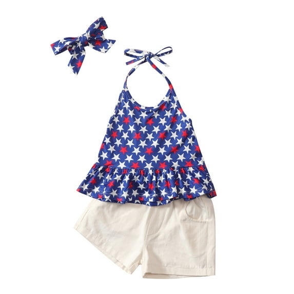 Kids Summer Tracksuit, Girls Star Print Tank Tops + Shorts + Hairband
