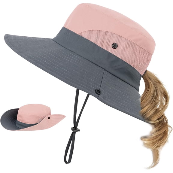 Kids Sun Hat with Ponytail Hole UV Protection Wide Brim Summer Beach Bucket Cap Fishing Hat for Girls