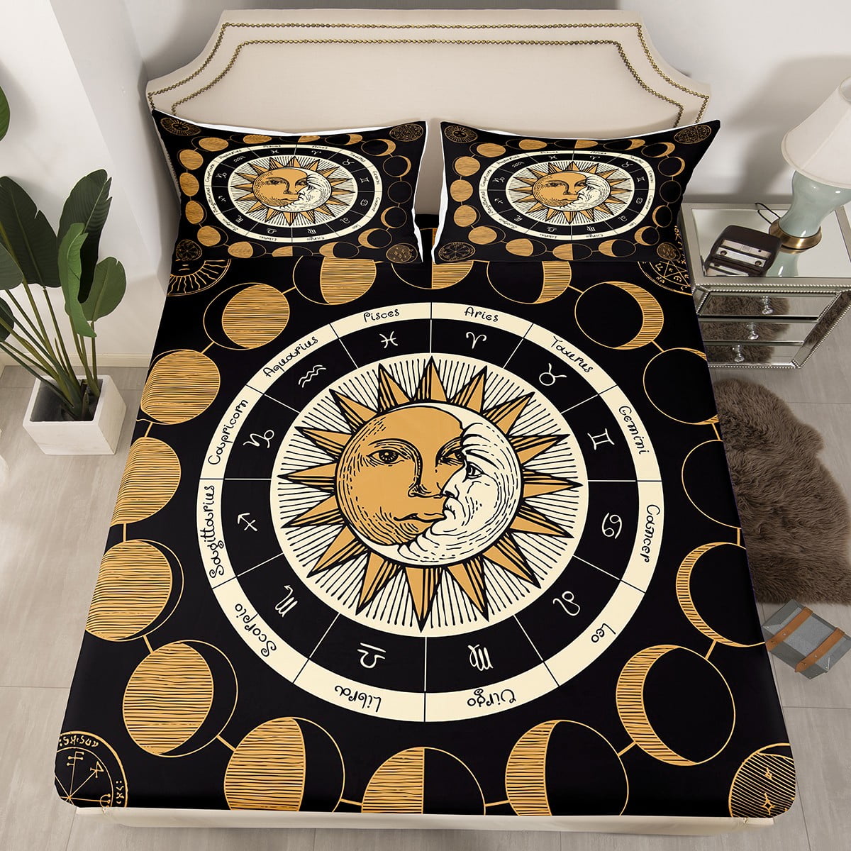 Kids Sun and Moon Bed Sheets Bohemian Exotic Zodiac Signs Bedding Set 3