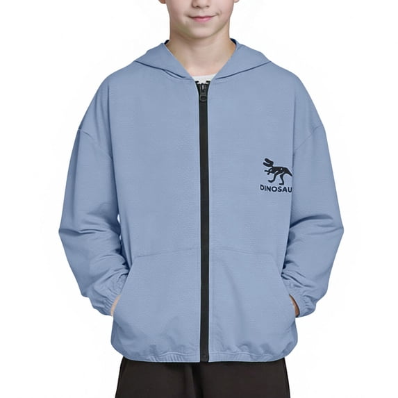Kids Sun Protection Jacket Dinosaur Print UPF50+ Zip Up Hoodie Lightweight Cooling Hooded Sunshirts Girls Boys (10-11 Years, Blue)