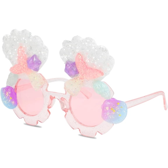 Kids Sunglasses for Girls, Mermaid Shells Round Flower UV Protection Sunglasses for Outdoor Beach Holiday Cute Eyewear Party Accessories, Age 3-12 Years