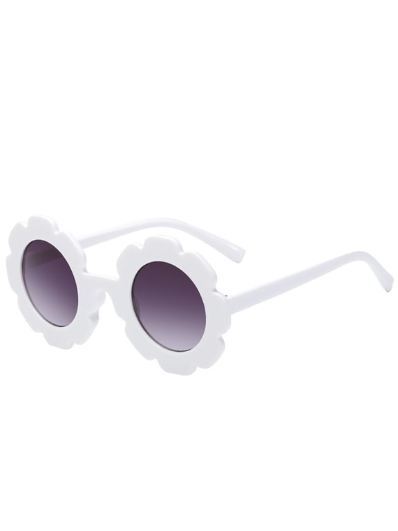 Kids Sunglasses UV Protection, Round Flower Style Frame with Bow Accent PC Material Lightweight Children Eyewear for Outdoor Play Travel Beach White