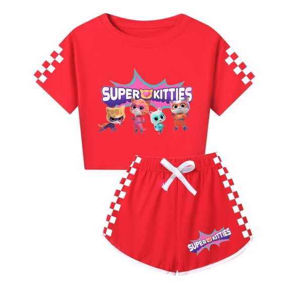 Kids SuperKitties 2-Piece Set – Girls Cartoon Cat T-Shirt and Shorts – Youth Summer Fashion
