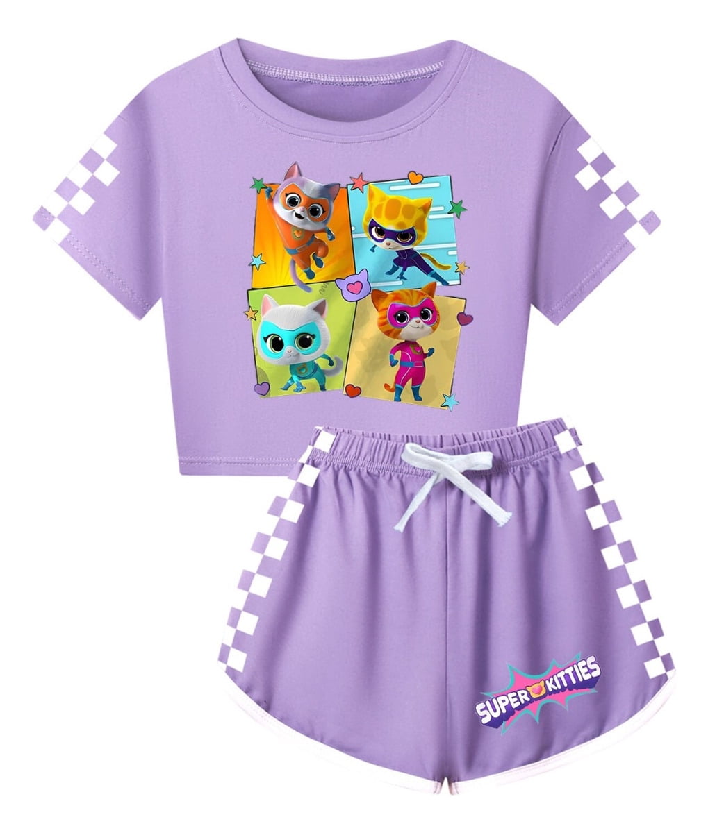 Girls Cute Kitty Polka Dot Summer T-Shirt & Pink Trouser Set – Cream & Pink main image 1