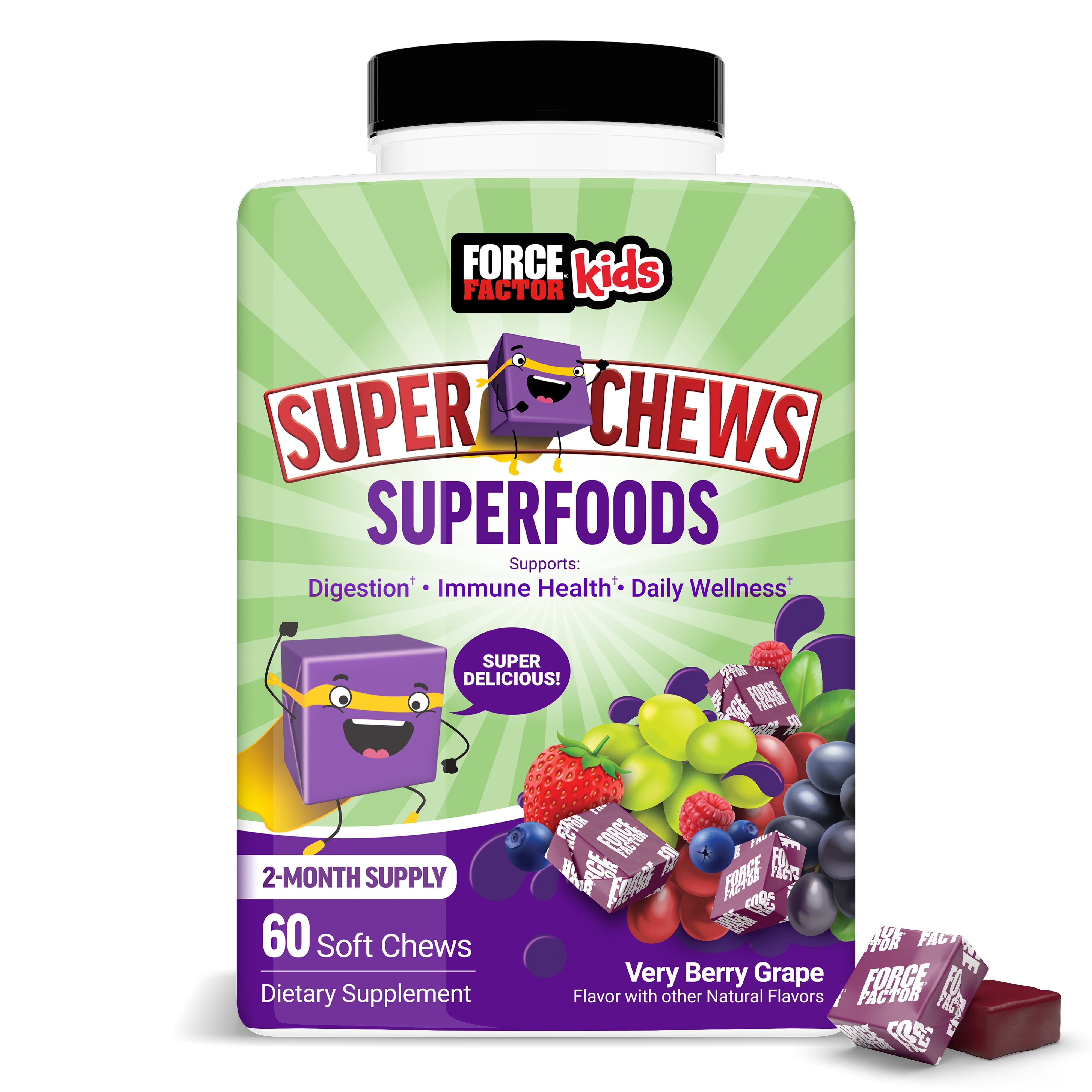 Kids Superfood Super Chews, Gummy Alternative, Kids Vitamins for Immune Support with Fruits and Veggies, 60 Chews by Force Factor
