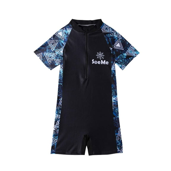 Kids Surfing One Piece Swimsuits Boys Short Sleeve Color Block Swim Romper Bathing Suit Beach Vacation, Blue, 5 Years