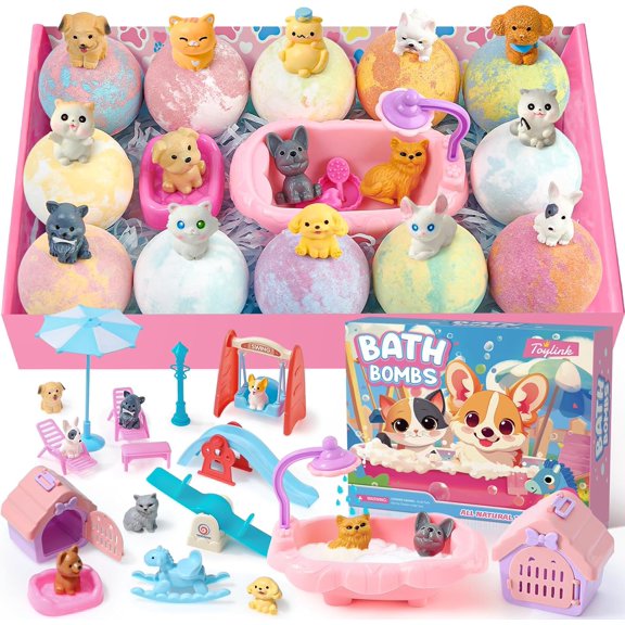 for Kids with Surprise Inside for Girls Boys, 12 Pack Kids with Dog & Cat Toys Pretend Playset Handmade Bubble Bath Fizzies Birthday Christmas Gift Set
