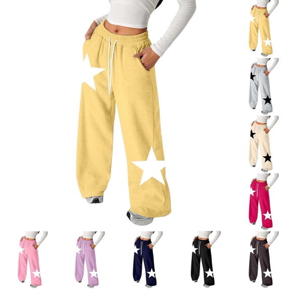 Kids Sweatpants Girls Elastic Waist Drawstring Baggy Pants Girls Star Print Pants with Pockets Girls Athletic Pants Size 4-14 Years