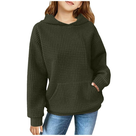 Kids Sweatshirt Girls 4-18 Fayshow0 140 Army Green 48%Polyester,38%Rayon,11%Cotton,3%Spandex Solid Color Children Hooded Top Girls Long Sleeved Sweatshirt Round Neck Pullover Top