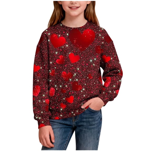 Kids Sweatshirts Cute Heart Printed Pullover Tops Valentine's Day Long Sleeve Crewneck Sweatshirt Size 1-15
