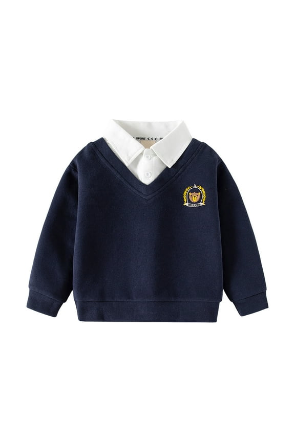 Kids Sweatshirts Two-Piece Polo Print Lightweight Winter Warm Sweater Crewneck Pullover Kids Hoodies Navy 7 Y-8 Y