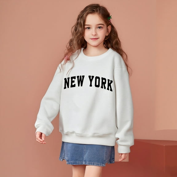Kids Sweatshirts Girls Long Sleeve New York City Letter Print Sweatshirt Girls Pullover Crewneck Blouse Shirt Tops Winter Clothes Baby Girls Clothes 5-6 Years Kids Clothes