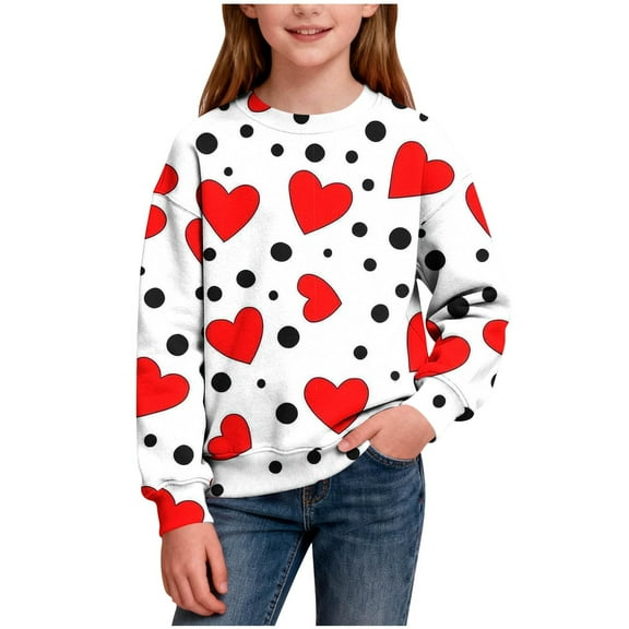 Kids Sweatshirts Valentine's Day Heart Prined Crewveck Sweatshirt Fall Winter Long Sleeve Pullover Tops Size 1-15