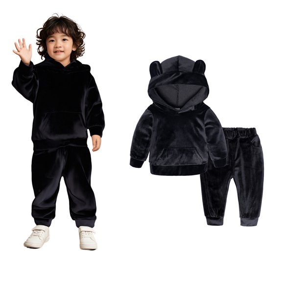 Kids Sweatsuit 2 Piece Long Sleeve Black Hooded Sweatshirt and Sweatpants Fall Winter Clothes Boys Active Tracksuit Set Boys Girls Fashion