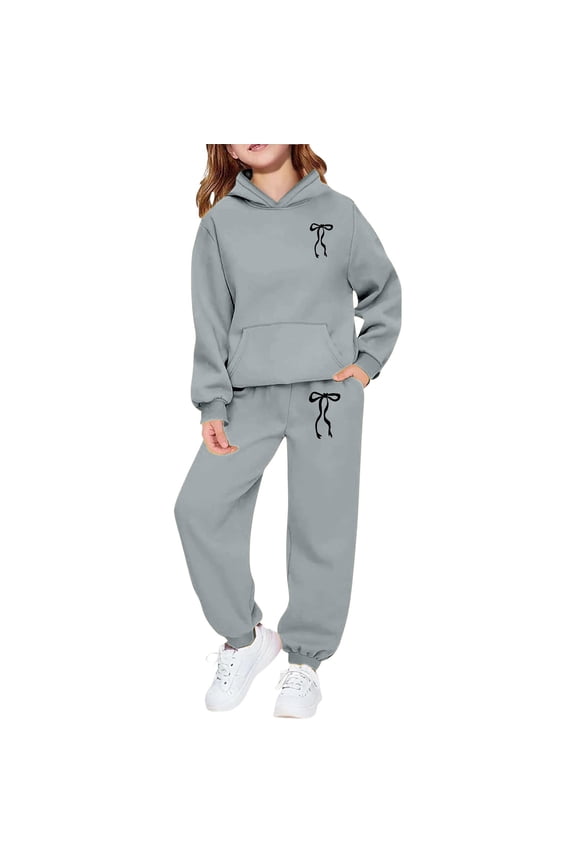 Kids Sweatsuit 2 Piece Long Sleeve Bow Hoodies Pullover Sweatpants Fall Winter Clothes Girls Clothing Size 8-9 Years