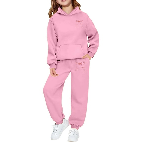 Kids Sweatsuit 2PC Long Sleeve Bow Sweatshirt Pullover and Sweatpants Fall Winter Clothes Girls Clothes Size 8-9 Years