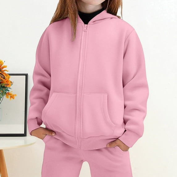 Kids Sweatsuit Girls Boys 2 Pcs Tracksuit Set Hooded Zip Sweatshirt and Sweatpants, Thickened Tops and Pants Winter Warm Protection Solid Color Outfit Set (Light Pink 10Y)