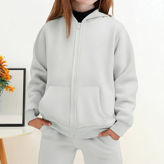 Kids Sweatsuit Girls Boys 2 Pcs Tracksuit Set Hooded Zip Sweatshirt and Sweatpants, Thickened Tops and Pants Winter Warm Protection Solid Color Outfit Set (White 14Y)