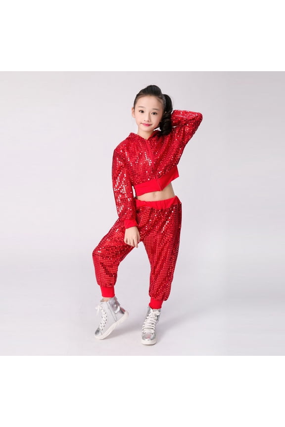 Kids Sweatsuit Set for Girls 2 Piece Cheerleader Outfit for Women Long Sleeve Red Cropped Sequin Jacket Pants Set Tracksuit Jogging Outfits Set 3T