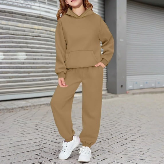 Kids Sweatsuit Set for Girls 2 Piece Long Sleeve Brown Hoodie Sweatshirt and Sweatpants Warm Fall Winter Clothes Clothes for 2T Old Girls