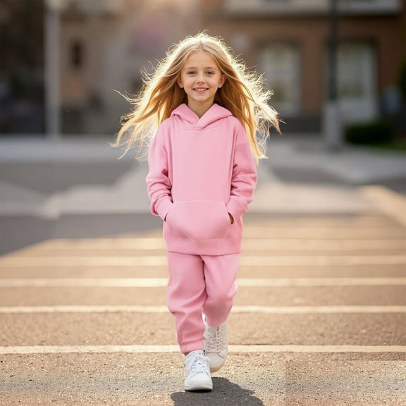 Kids Sweatsuit Set for Girls 2 Piece Long Sleeve Pink Pullover Hoodie and Sweatpants Winter Clothes Boys Girls Athletic Clothes Sets 8-9 Years