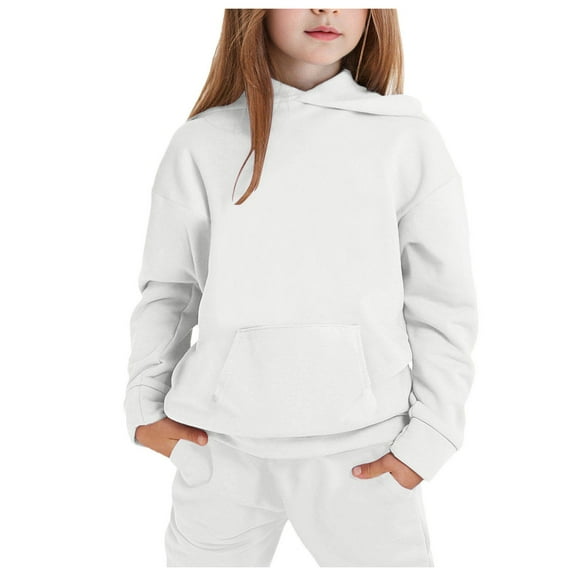 Kids Sweatsuit Set for Girls,2 Piece Long Sleeve White Basic Hoodie Jogger Set Warm Fall Winter Clothes Girls Set 4-5 Years