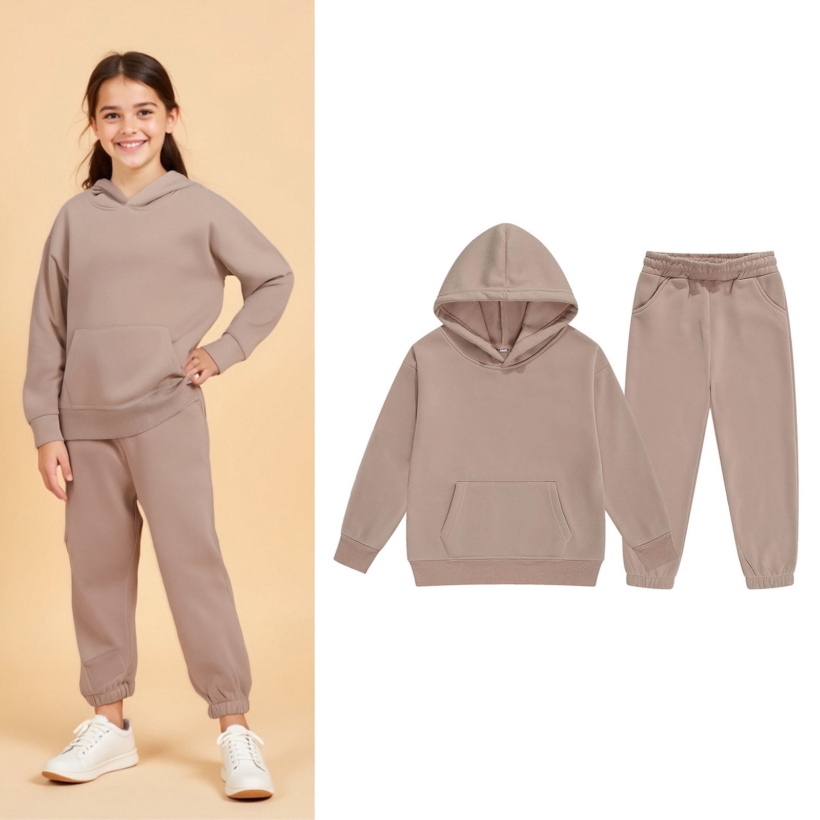 Kids Sweatsuit Set for Girls,2PC Long Sleeve Beige Hooded Sweatshirt and Sweatpants Fall Winter Clothes Size 8-9 Years Girls Clothes