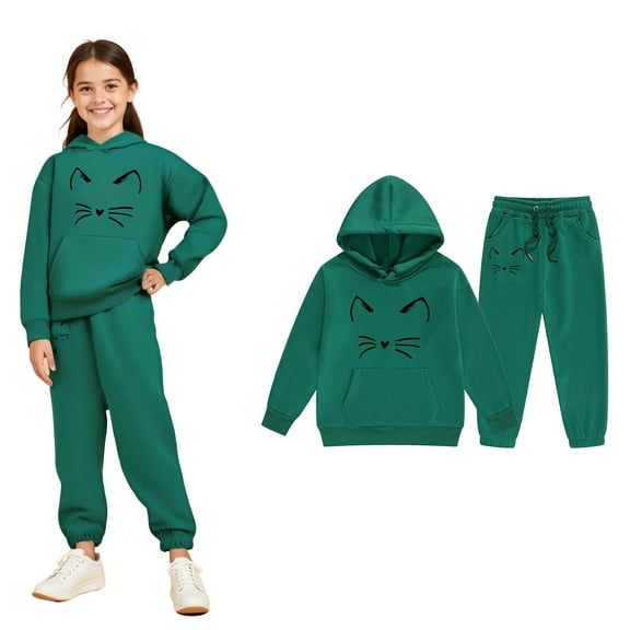 Kids Sweatsuit Set for Girls,2PC Long Sleeve Dark Green Hooded Sweatsuits Pullover Jogger Set Fall Clothes Kids Girl Trendy Clothes 6-7 Years
