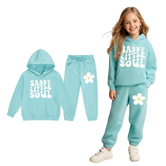Kids Sweatsuit Set for Girls 2PC Long Sleeve Letter Graphic Basic Hoodie Sweatpants Set Fall Winter Clothes Tracksuit Jogging Outfits Set 6-7 Years