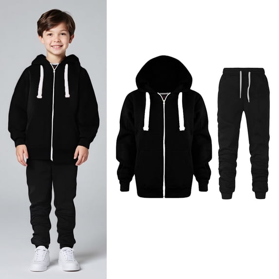 Kids Sweatsuit Set for Girls,2PC Long Sleeve Zip upBlack Hooded Sweatshirt and Jogger Sweatpants Winter Clothes Boys' Tracksuits 7-8 Years