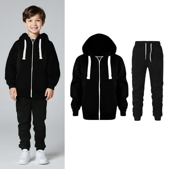 Kids Sweatsuit Set for Girls,2PC Long Sleeve Zip upBlack Soft Hoodie and Sweatpants Warm Fall Winter Clothes Hoodie Set 9-10 Years