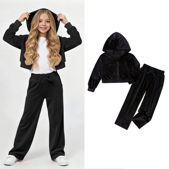 Kids Sweatsuit Velour Kids Black Sweatsuit Zipper Cropped Hoodies Sweatpants Sets Girls Suit Set 9-10 Years